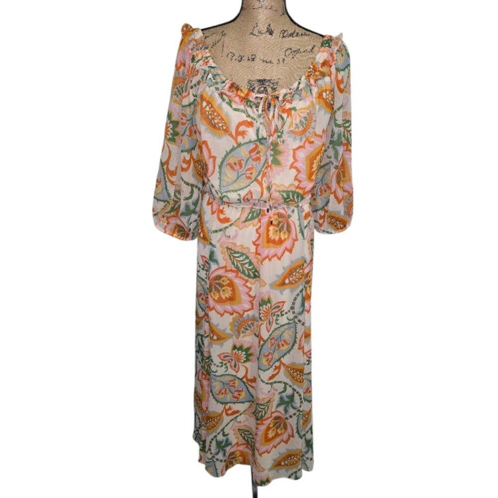 1. State Floral Cream & Orange Floral Boho Peasant Print Women's Midi Dress Plus